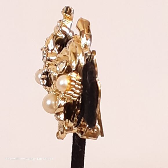 Lisner Earrings Gold Tone Pearly Beads & Rhinestone Flowers Clip Ons - Picture 6 of 11